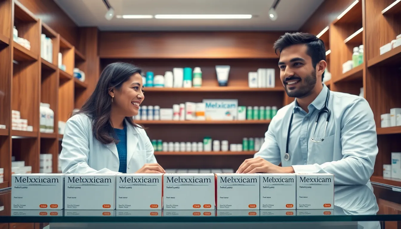 pharmacist advising a patient about mexxicams in a modern pharmacy.
